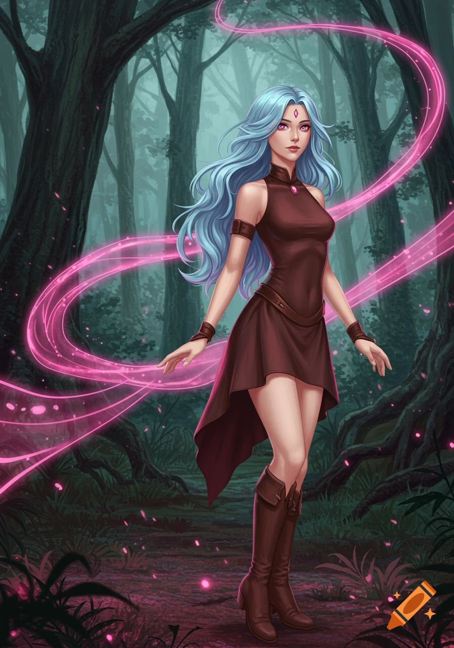 Anime-style woman with light blue hair, pink eyes, brown dress, and boots in a magical forest with glowing pink energy.