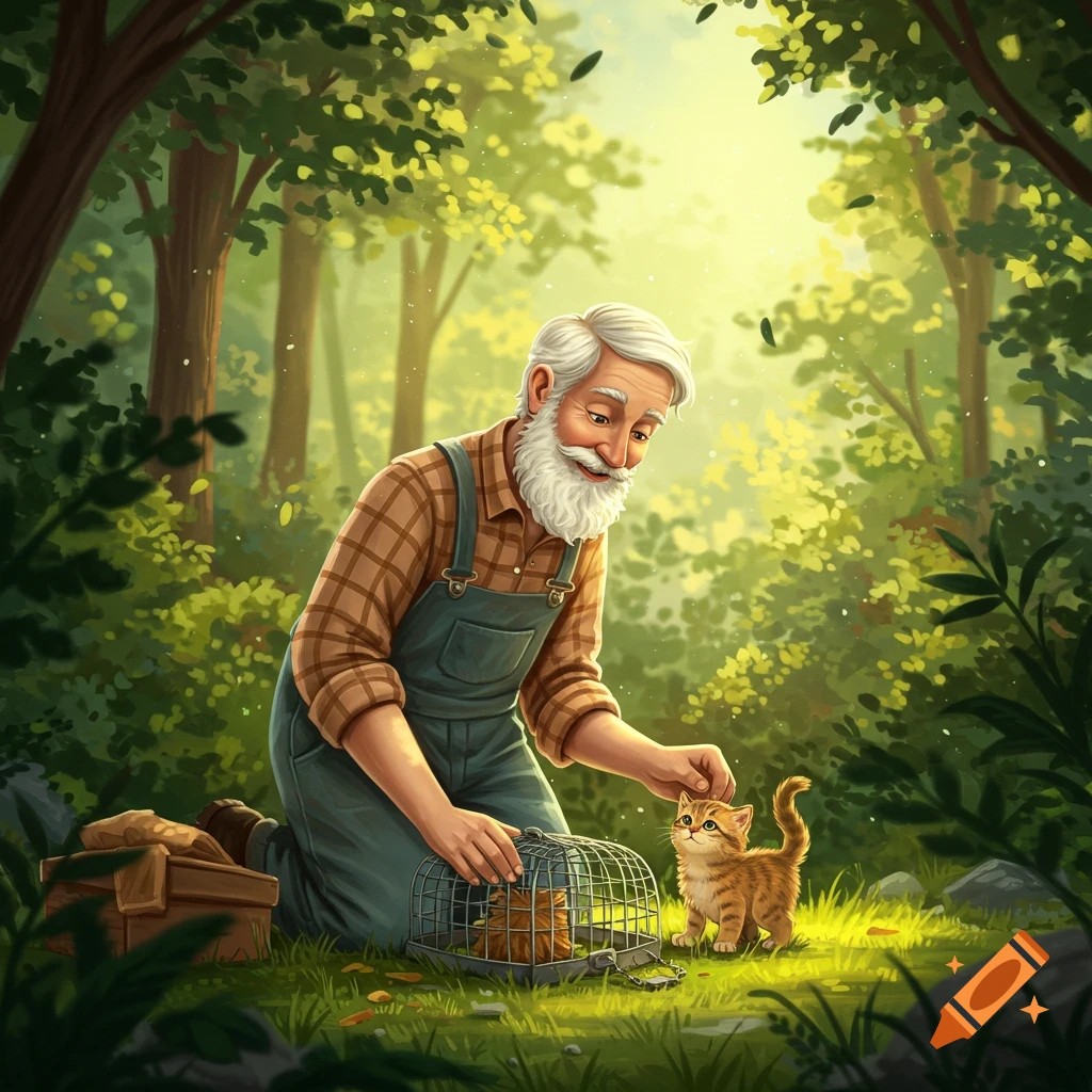 Bearded old man kneels in a sunlit forest, petting a small ginger kitten, with another kitten inside a cage.