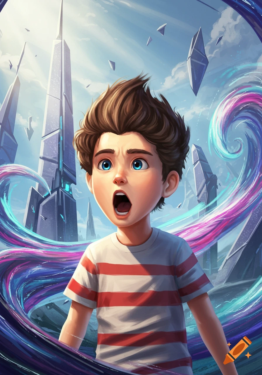 A wide-eyed cartoon boy screams in a futuristic city with swirling colorful energy and floating crystals.