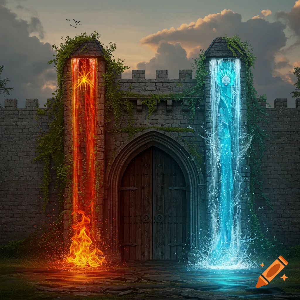 An old stone castle gate with an archway, flanked by two towers. One tower emits a glowing red fire stream, and the other emits a glowing blue waterfall.