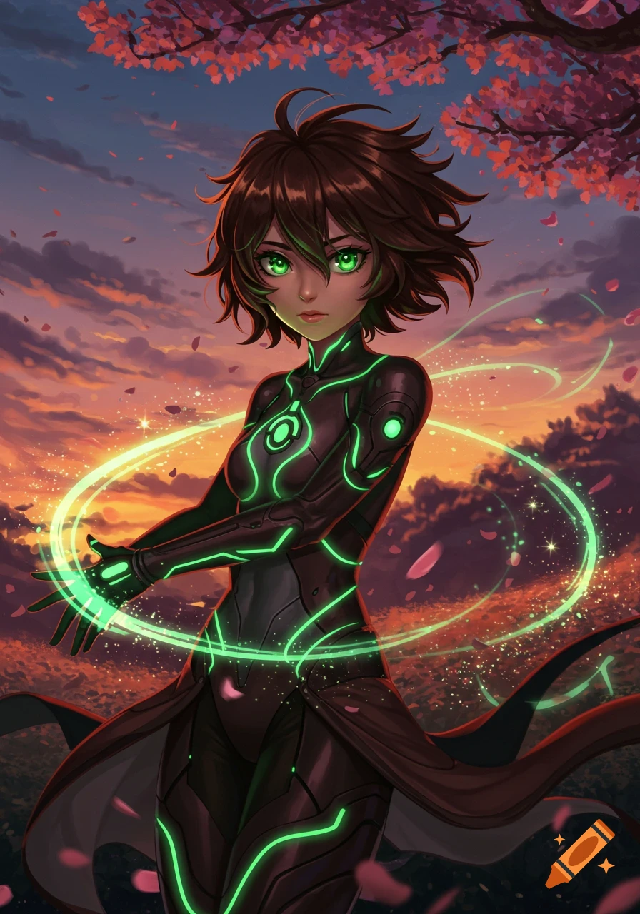 An anime girl with short brown hair and bright green eyes, clad in a dark suit with glowing green lines, manipulating green energy amidst a sunset sky with falling cherry blossoms.