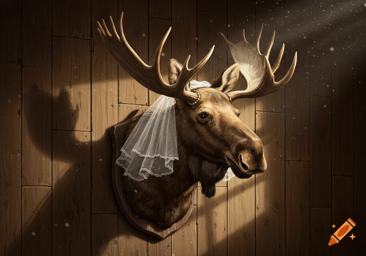 A mounted moose head on a wooden wall wears a white wedding veil under rustic lighting.