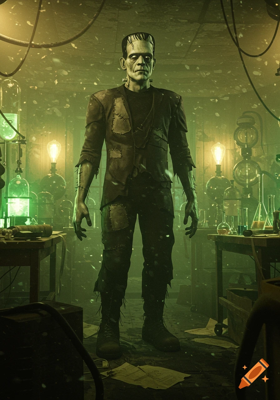 Frankenstein's monster stands in a dimly lit, green laboratory filled with scientific beakers and electrical equipment.
