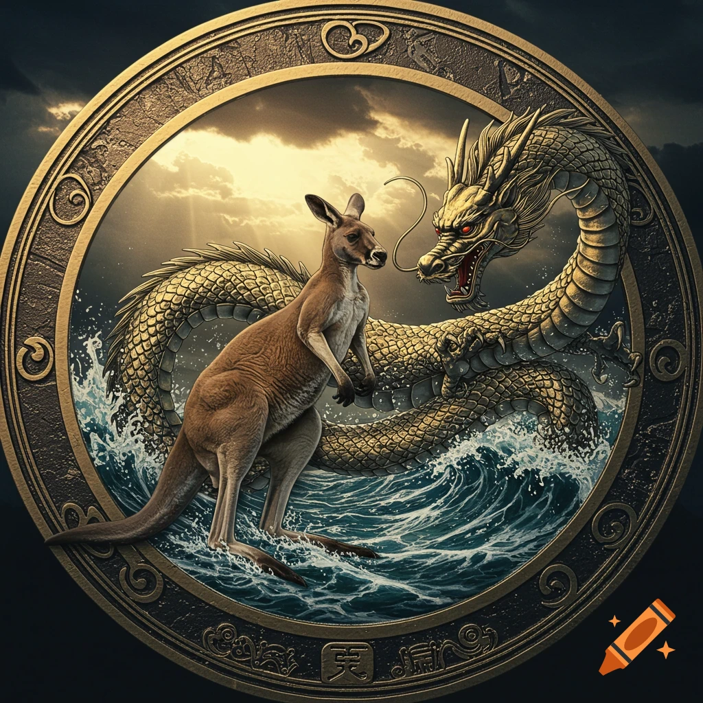 An ornate challenge coin depicting a kangaroo standing on rough ocean waves, facing a golden Chinese dragon under a dramatic sky.