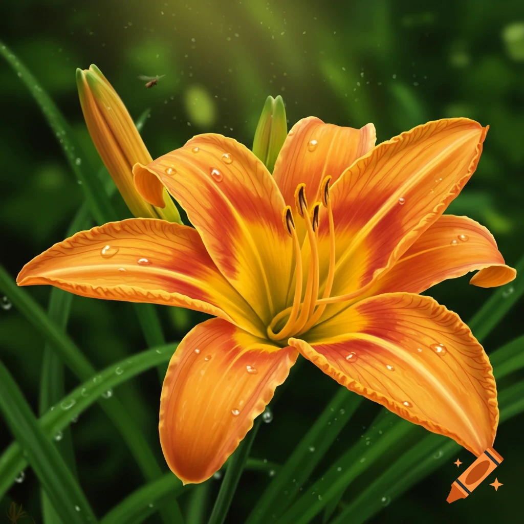 A vibrant orange and yellow daylily flower with water droplets on its petals, against a blurred green background.