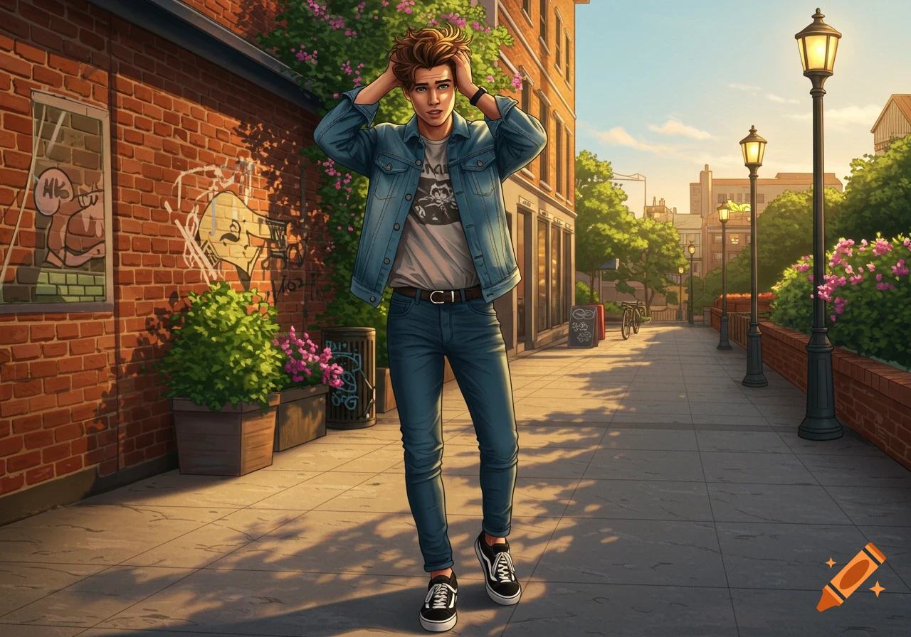 A young man with messy brown hair, wearing a denim jacket and jeans, stands on a sunny city sidewalk with brick buildings.