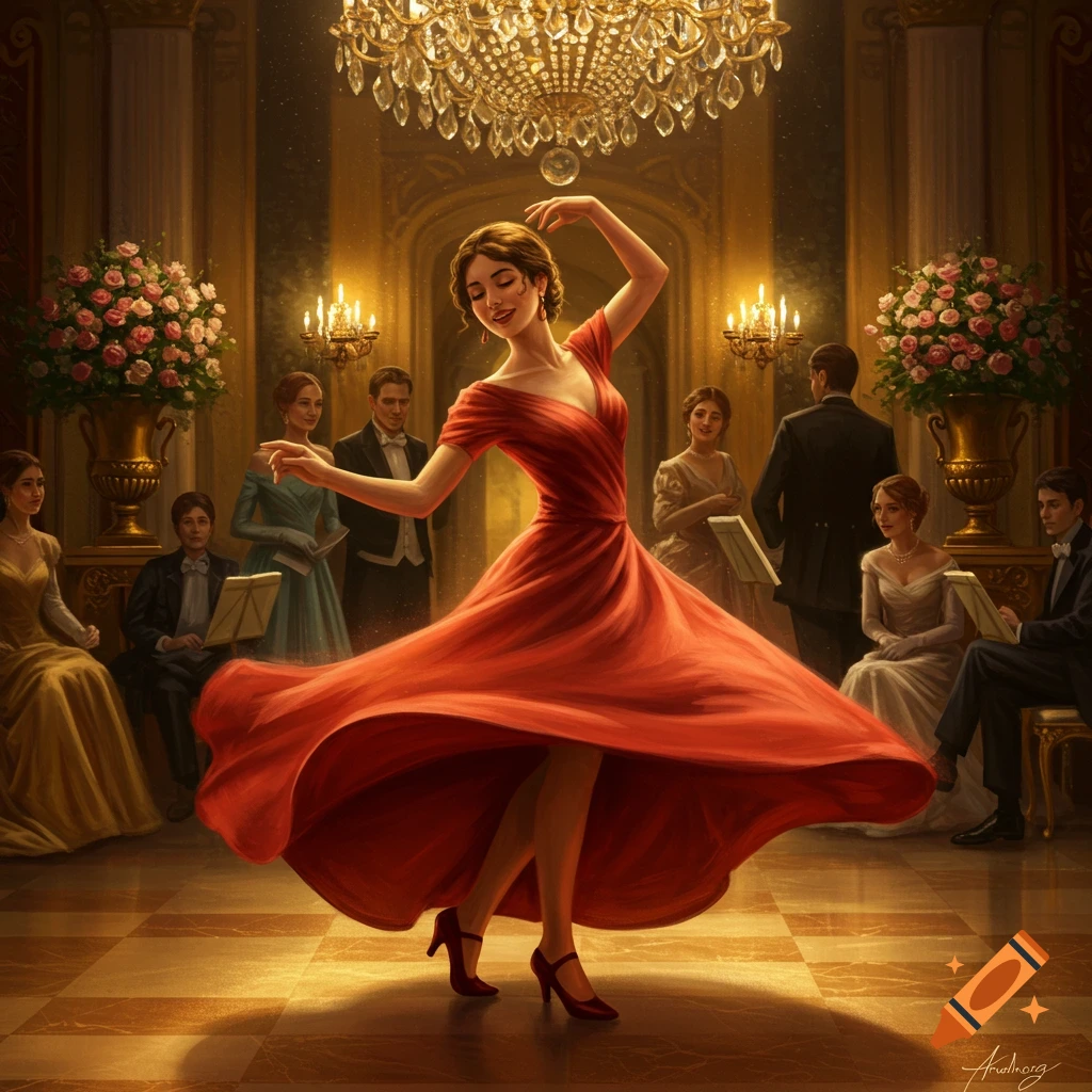 A graceful woman in a flowing red dress dances in a lavish ballroom with chandeliers and other elegantly dressed guests.