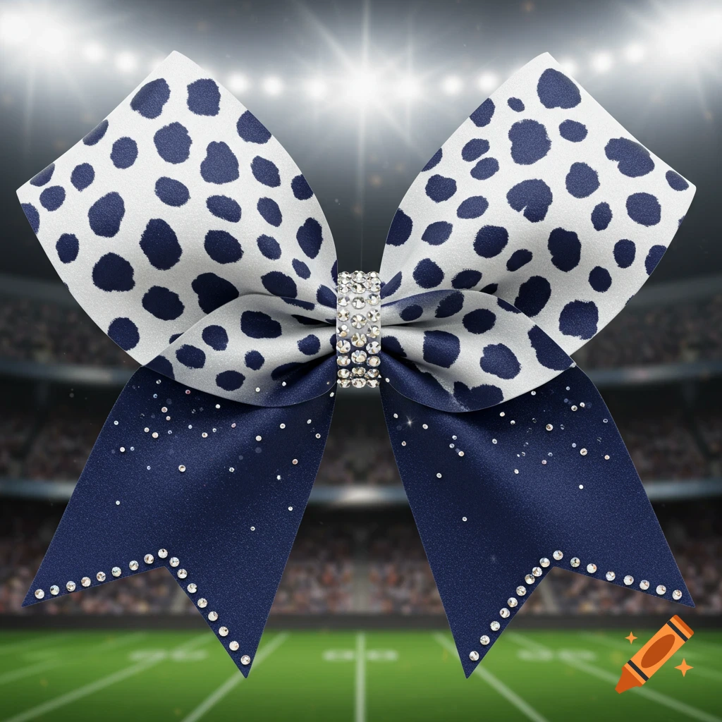 A white and navy blue cheer bow with polka dots and rhinestones, against a blurred football stadium background.
