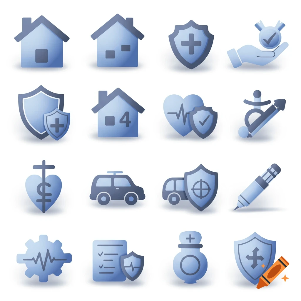 A grid of blue and gray insurance-related icons including houses, shields, cars, health symbols, and documents.