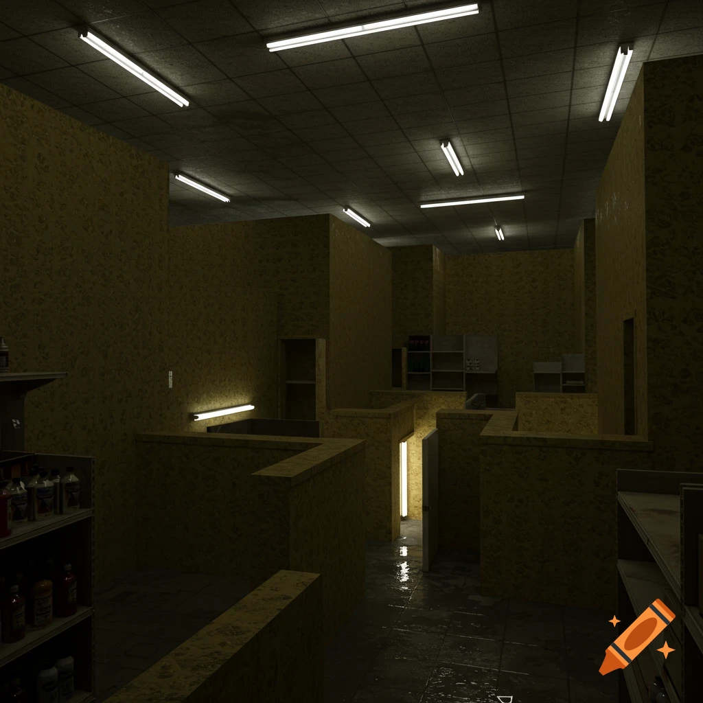 An eerie, dimly lit, non-linear space resembling the backrooms of a retail outlet with yellowish textured walls, wet floor, and inconsistently placed fluorescent lights.