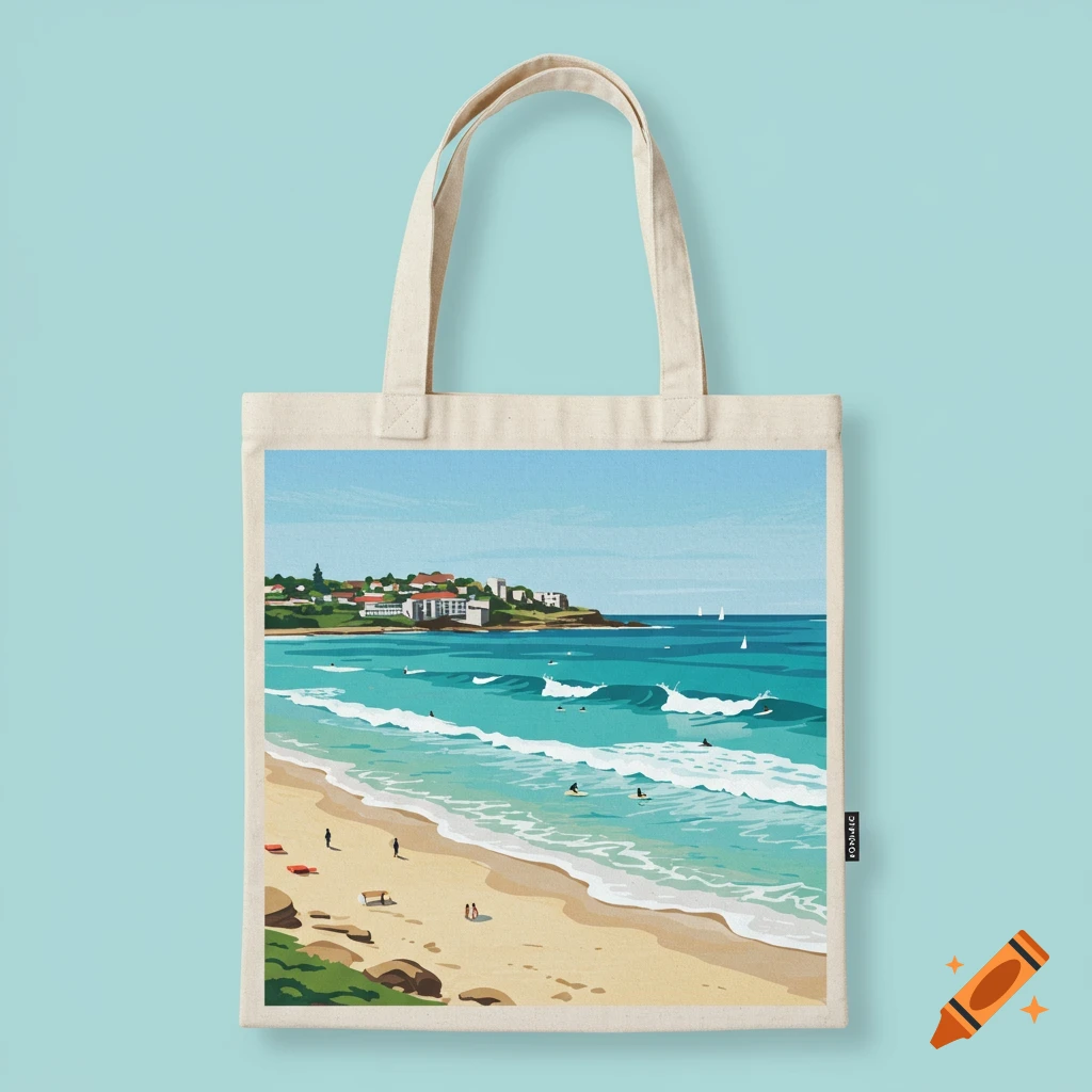 A canvas tote bag featuring an illustrative print of an Australian beach scene with waves, people, and buildings on a distant cliff, set against a light blue background.
