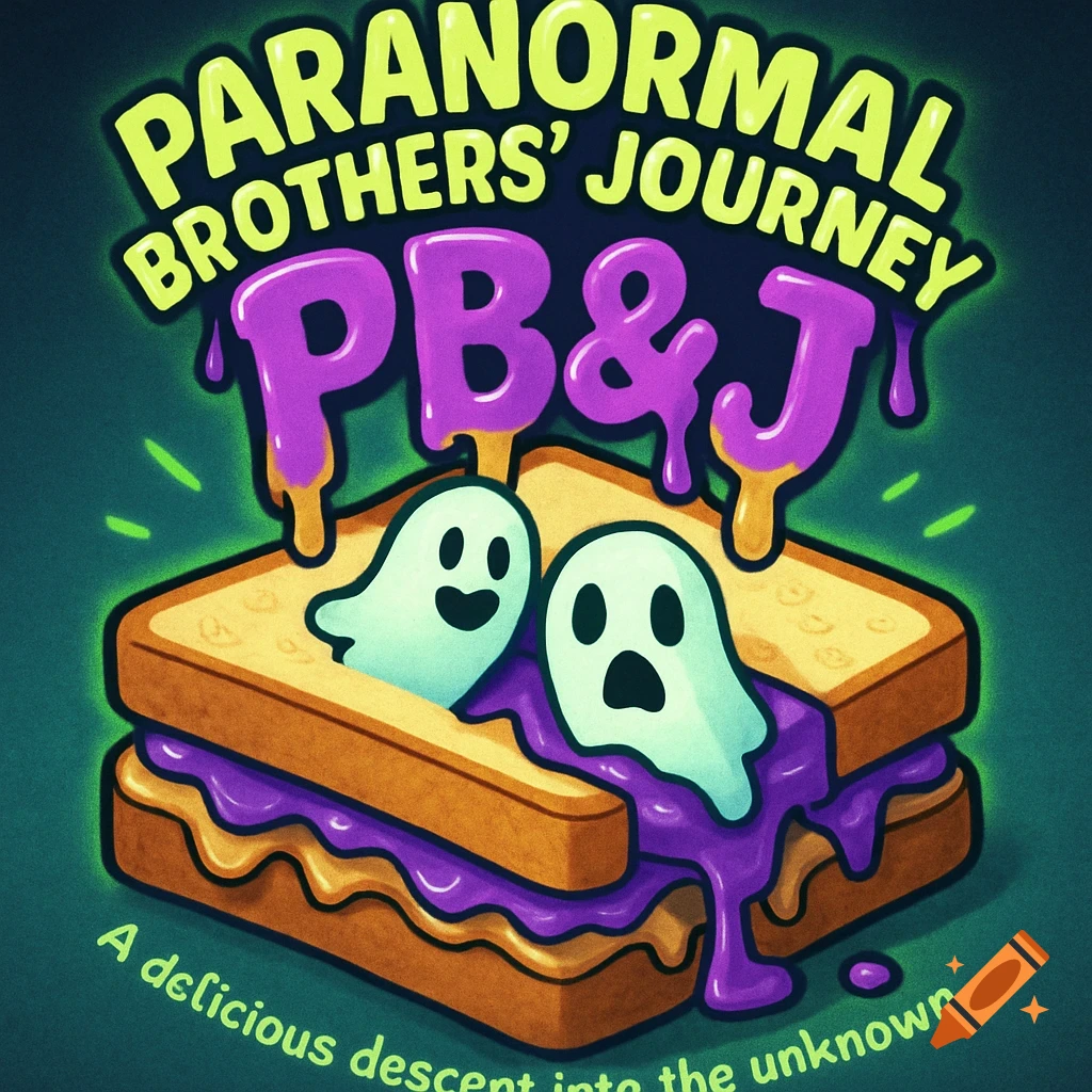 Cartoon image of a peanut butter and jelly sandwich with two ghost characters peeking out. Text reads "PARANORMAL BROTHERS' JOURNEY PB&J" and "A delicious descent into the unknown."