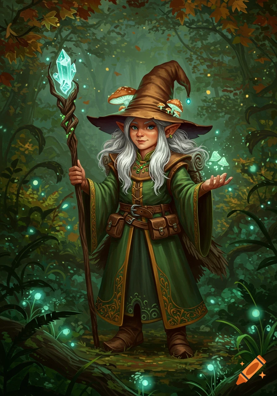 A female gnome wizard with white hair and a tall hat, holding a glowing crystal staff, stands in a magical forest with glowing mushrooms.
