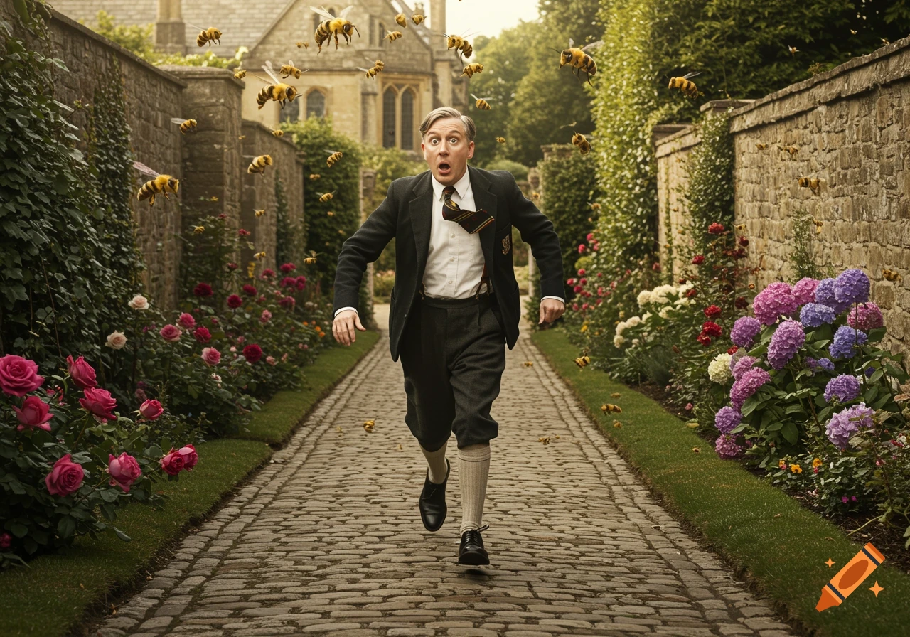 A man in a 1950s school uniform runs with a panicked expression down a garden path, surrounded by a swarm of large bees.
