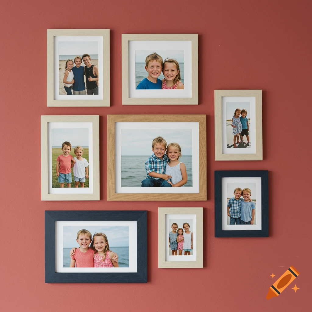 A wall adorned with multiple framed photographs of families and children, varying in size and orientation.