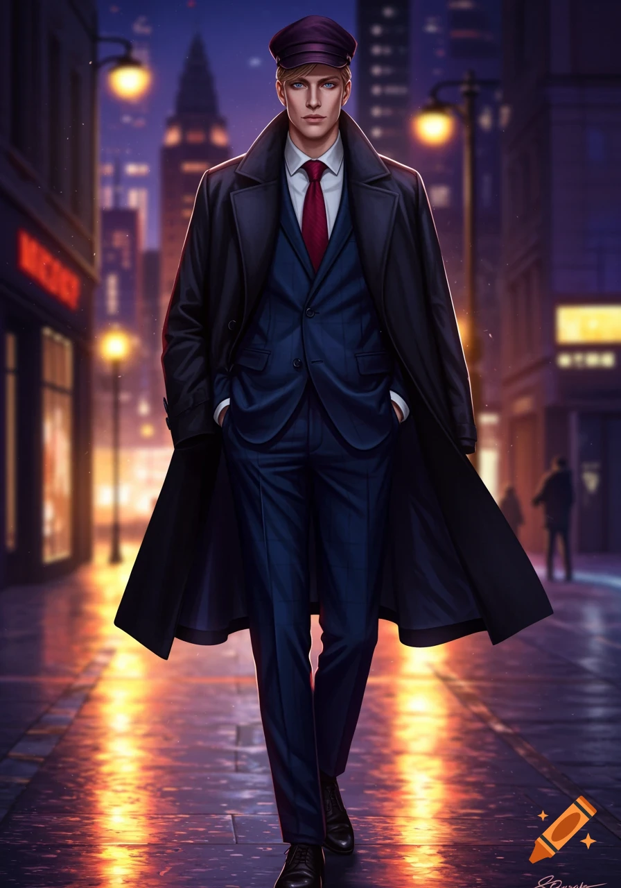 A full-body illustration of a man with blonde hair and blue eyes, wearing a dark blue suit, red tie, black trench coat, and purple cap, walking down a city street at night with glowing streetlights and building reflections.