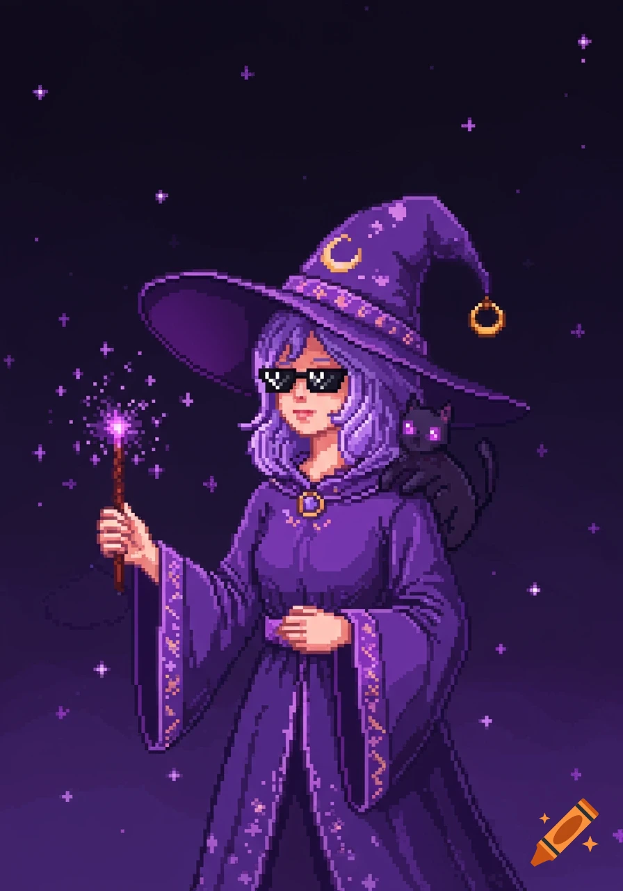 Pixel art of a purple-themed witch in sunglasses holding a wand, with a black cat on her shoulder under a starry sky.