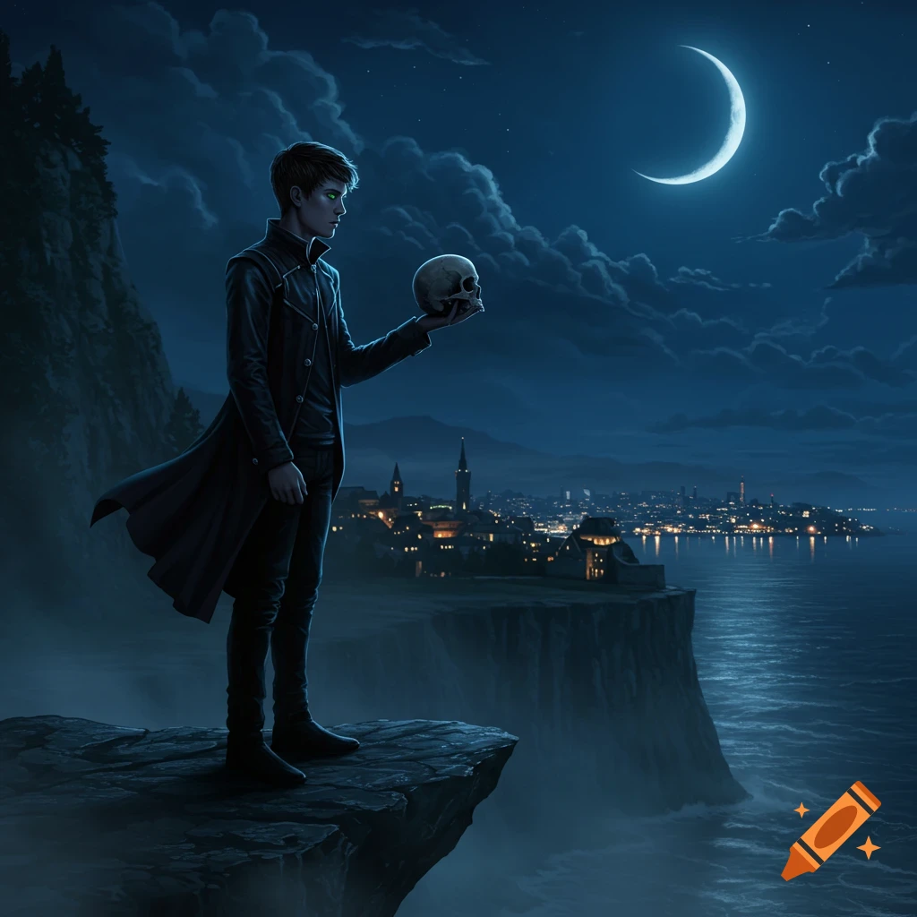 A young man in a dark coat stands on a cliff at night, holding a skull. A city glows across the water under a crescent moon.