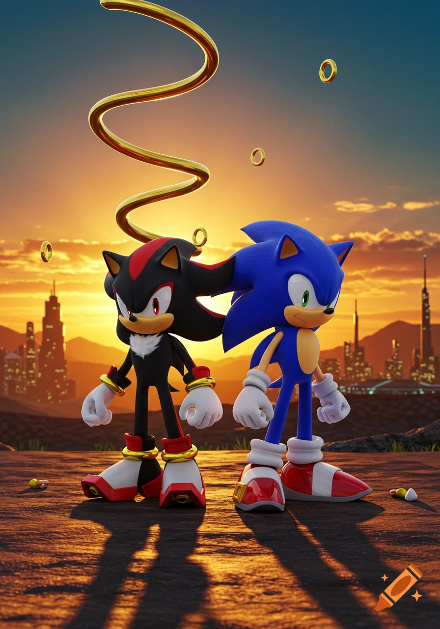 Sonic and Shadow stand side-by-side on a rocky surface at sunset, with a city skyline in the background and golden rings floating above them.