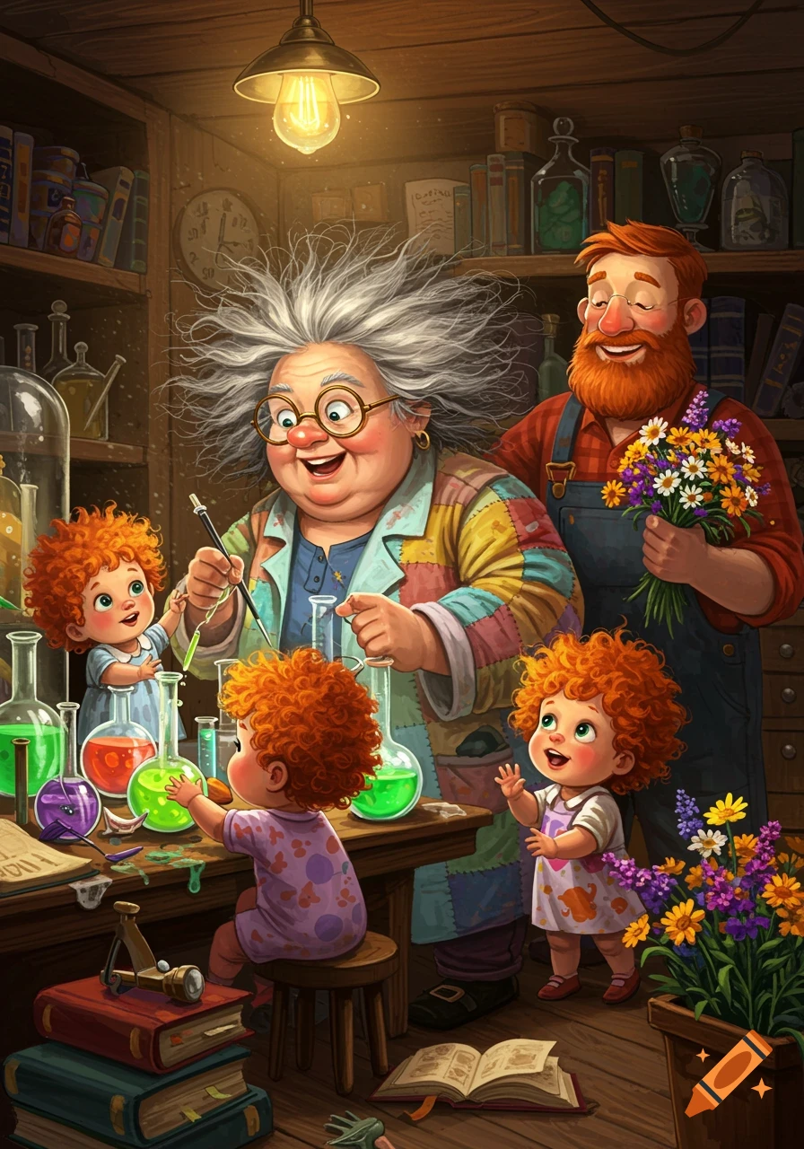 A cartoon illustration of a plump, smiling mad professor with wild gray hair, working in a cluttered lab with three happy red-haired toddlers, while a bearded man watches holding flowers.