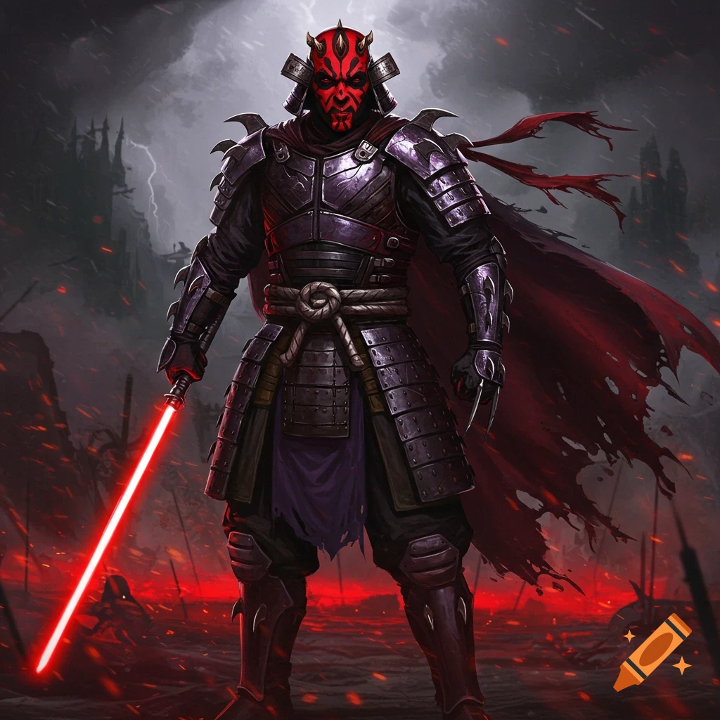 A dark fantasy character, a fusion of Darth Maul and Shredder, in samurai armor with a red lightsaber, stands in a stormy, fiery landscape.