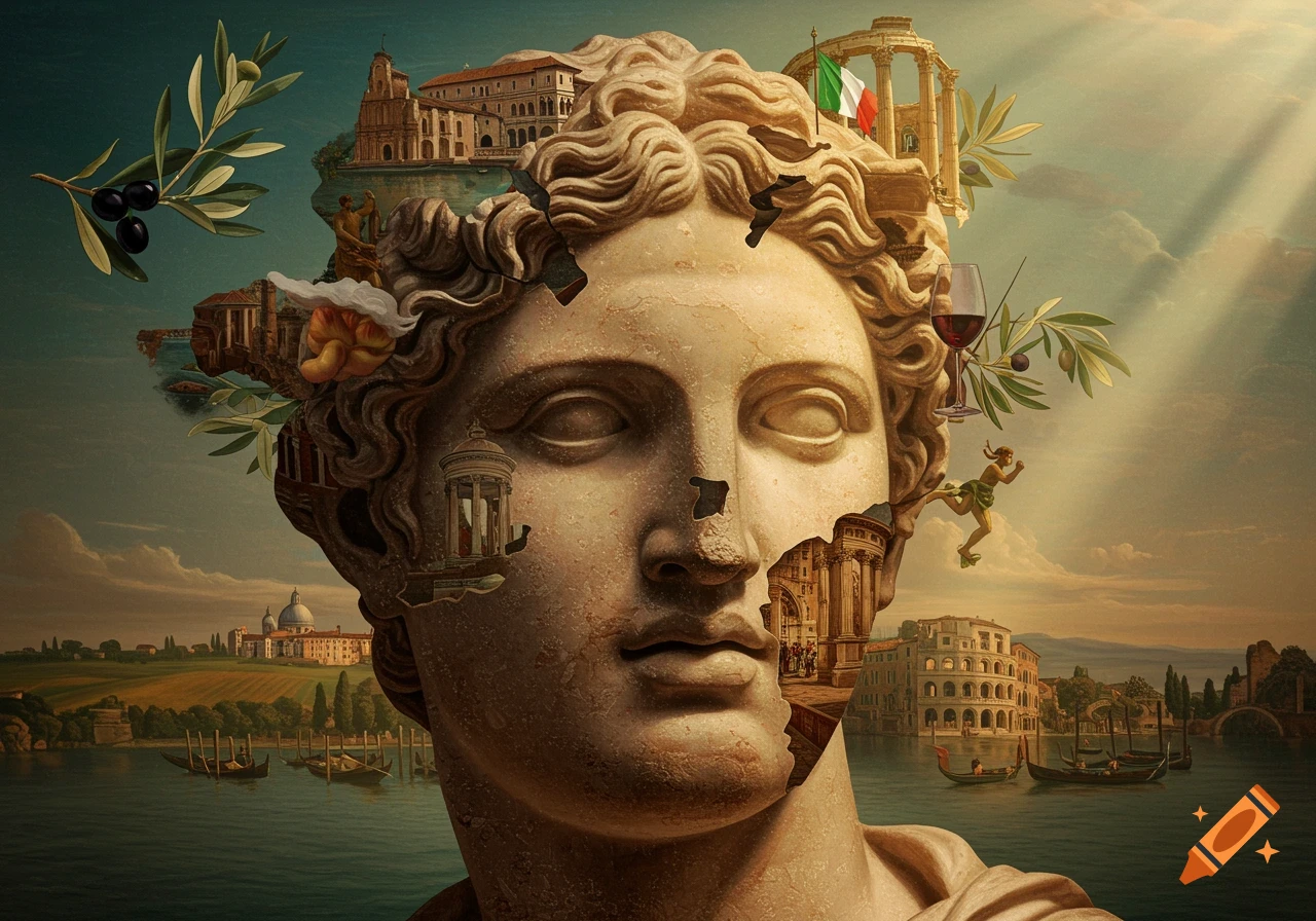 A classical marble bust with parts of its head cracked open, revealing Italian landscapes, architectural landmarks, gondolas on water, olive branches, a wine glass, and an Italian flag against a cloudy sky.
