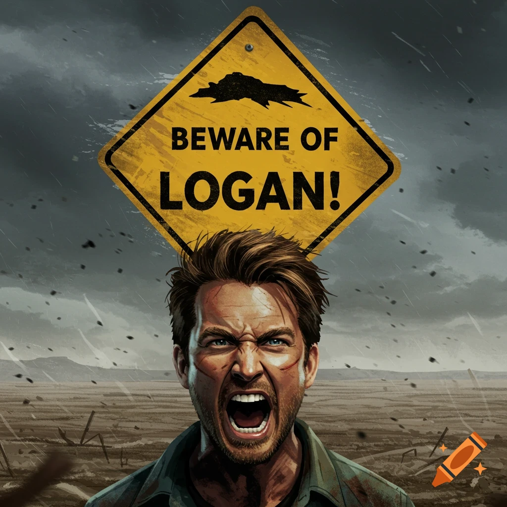 A man with a beard screams below a yellow diamond warning sign that reads 'BEWARE OF LOGAN!' under a stormy sky.