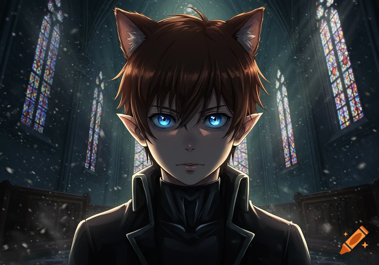 Anime boy with brown hair, cat and elf ears, and glowing blue eyes, in a dark gothic church with stained glass windows.