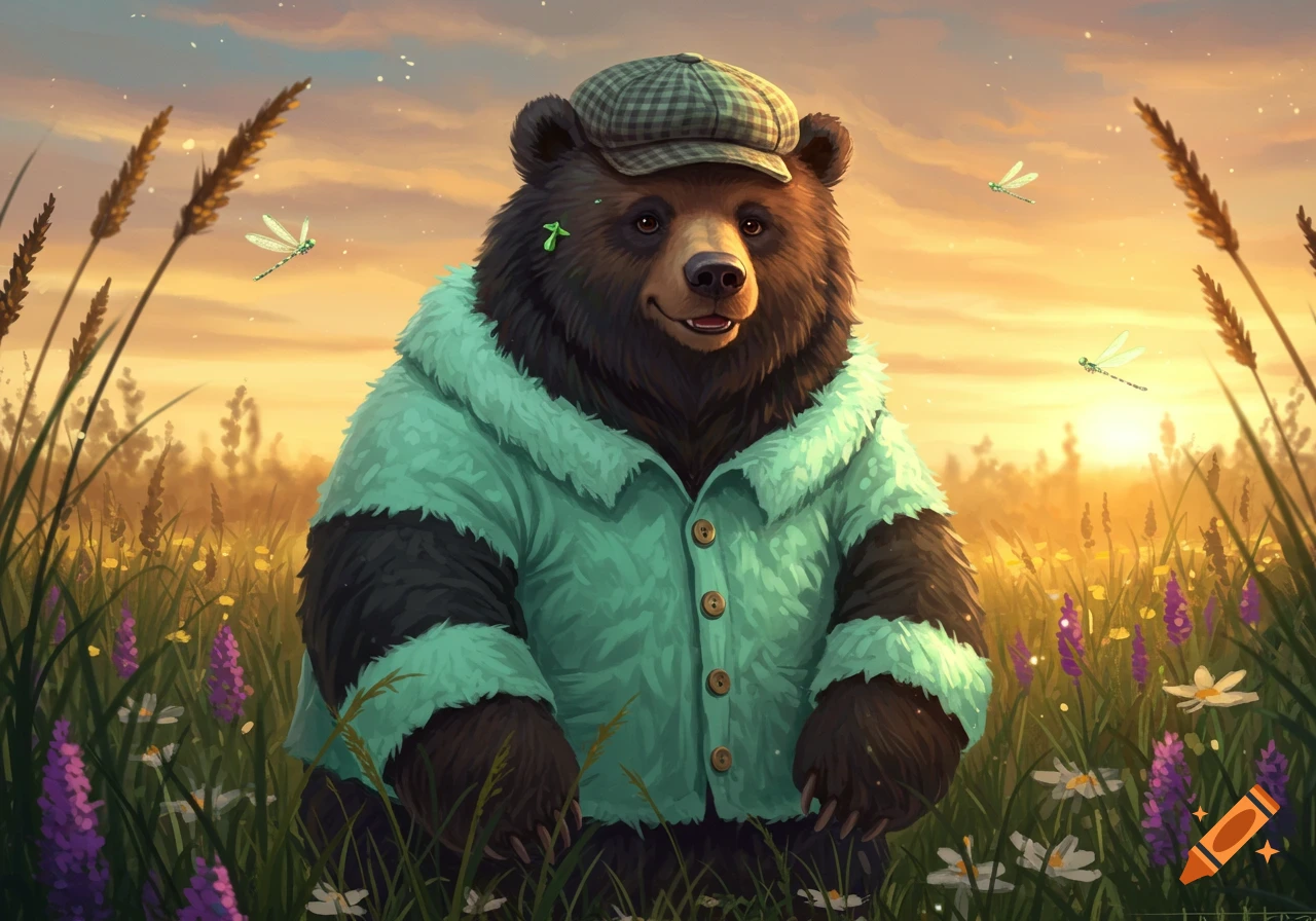 A brown bear in a plaid cap and mint green jacket stands in a golden field of grass and wildflowers with dragonflies.