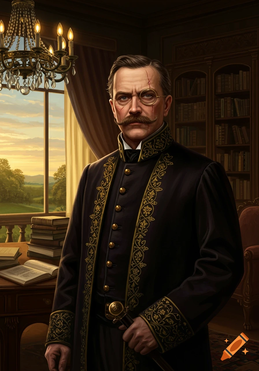 A photorealistic portrait of a 19th-century nobleman with a mustache, monocle, and scarred face, standing in a richly decorated room.