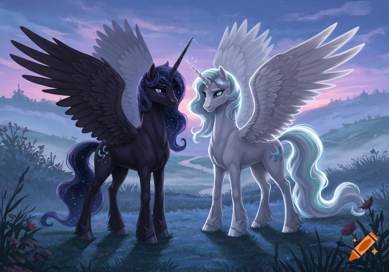 Two stylized winged unicorns, one dark and one light, stand in a mystical, misty landscape with a soft twilight sky.