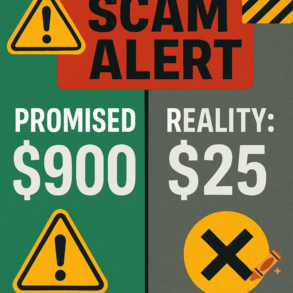 A graphic warning about a scam, comparing promised $900 to a reality of $25, with 'SCAM ALERT' and warning signs.