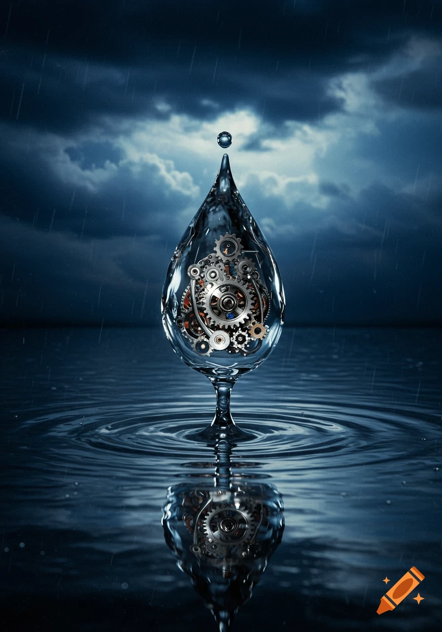 A large, clear raindrop shaped like a wine glass, filled with intricate mechanical gears, falls into water creating ripples under a stormy sky.