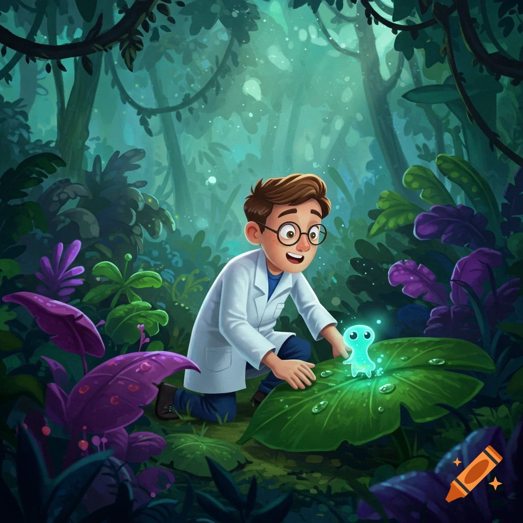 A cartoon scientist in a lab coat kneels in a lush jungle, observing a small glowing green creature on a leaf.