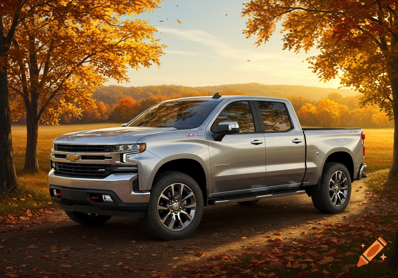 A silver Chevrolet Silverado pickup truck parked on a dirt path with autumn leaves, surrounded by trees with golden foliage under a warm sky.