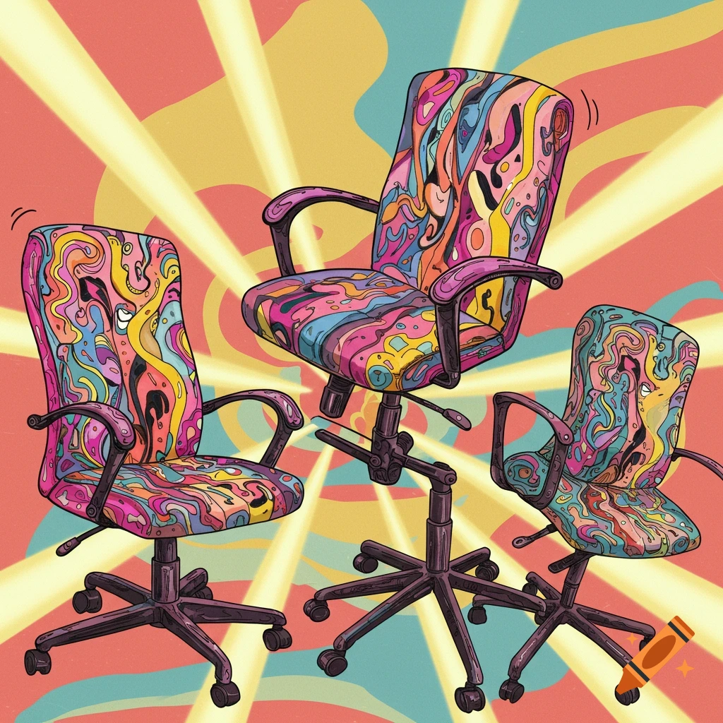 Three office chairs with bright, abstract, wavy, and colorful patterns on a background with radiating light beams.