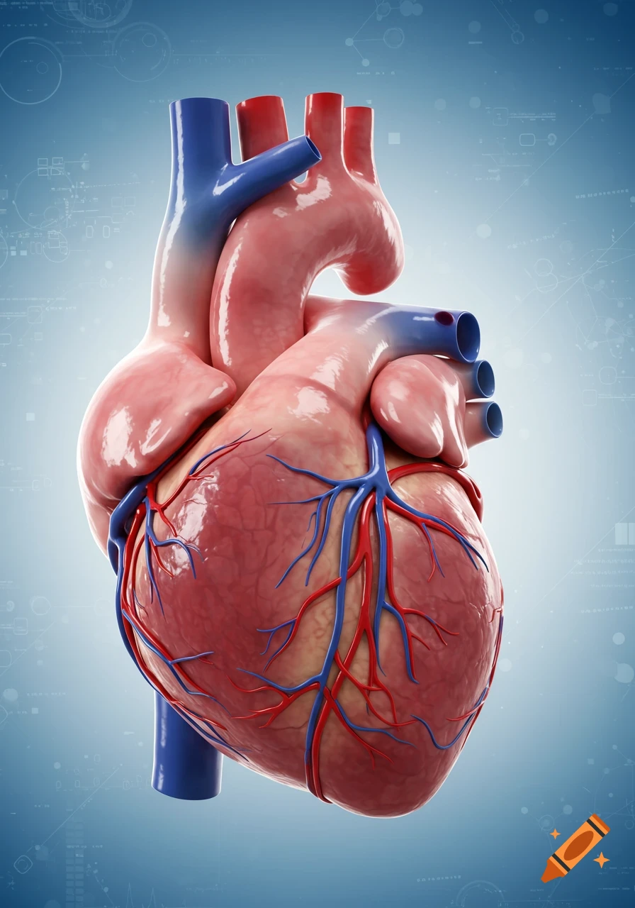 3D rendering of a human heart with arteries and veins on a blue background, in a clean, illustrative style.