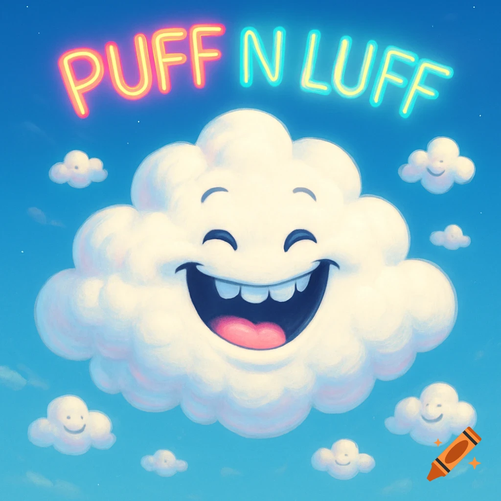A whimsical cartoon of a large, happy white cloud with a wide smile and tongue, surrounded by smaller smiling clouds, against a blue sky. Above it, neon letters spell "PUFF N LUFF" in red and light blue.