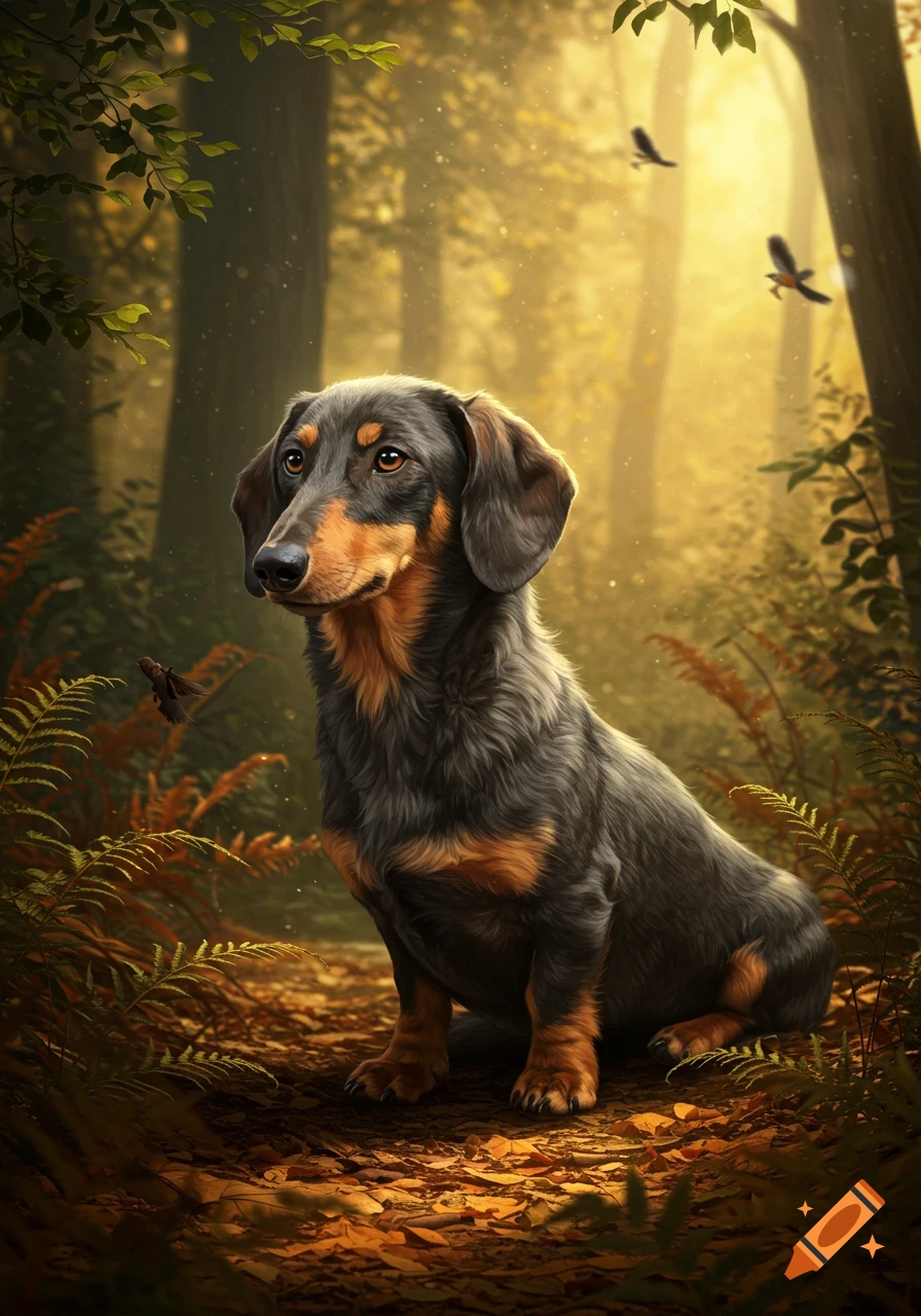 A two-tone dachshund-like dog sits on a leaf-covered forest floor, illuminated by golden sunlight filtering through trees.