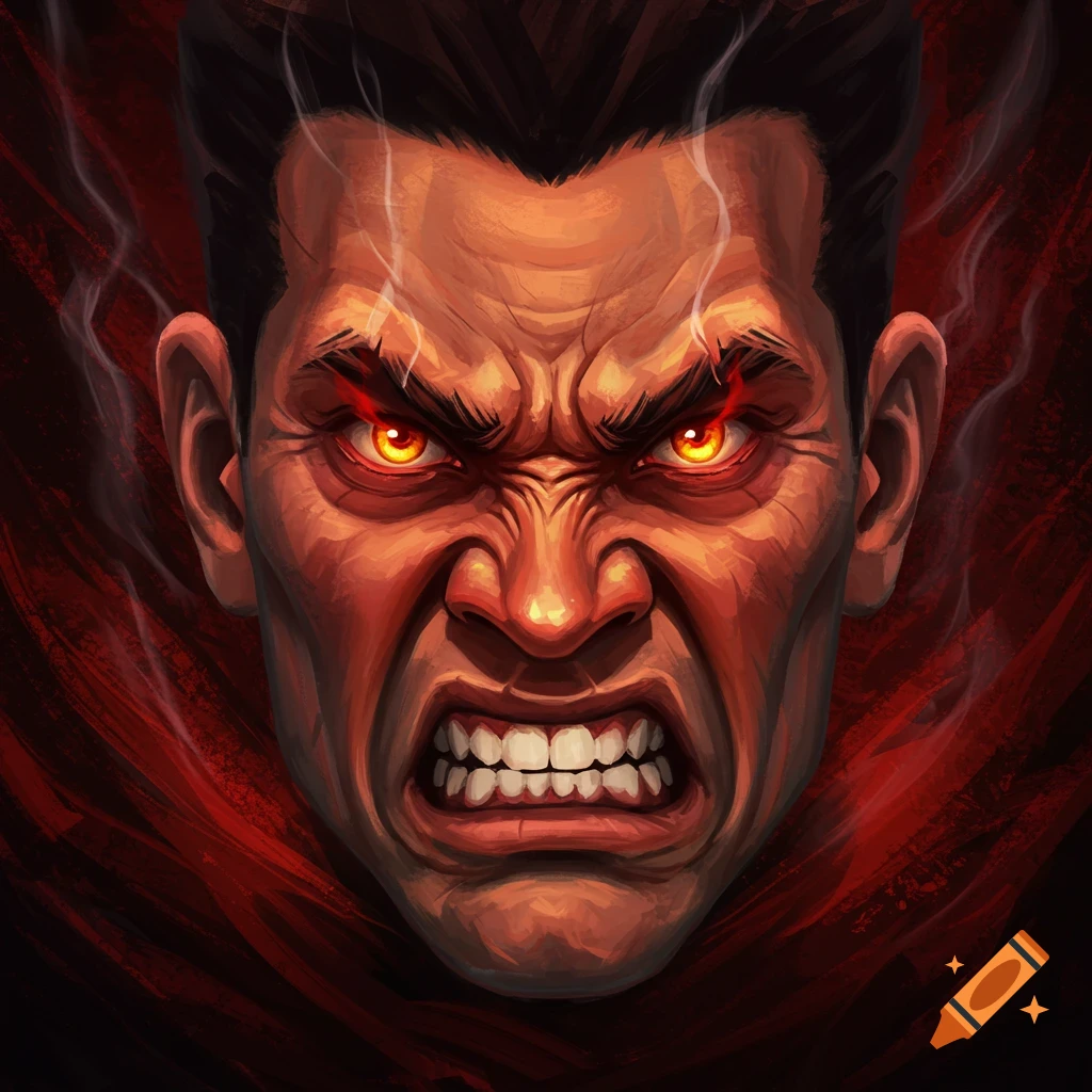 Close-up digital art of a man's angry, contorted face with glowing orange eyes, furrowed brow, baring teeth, and steam rising from his head, in red and dark tones.