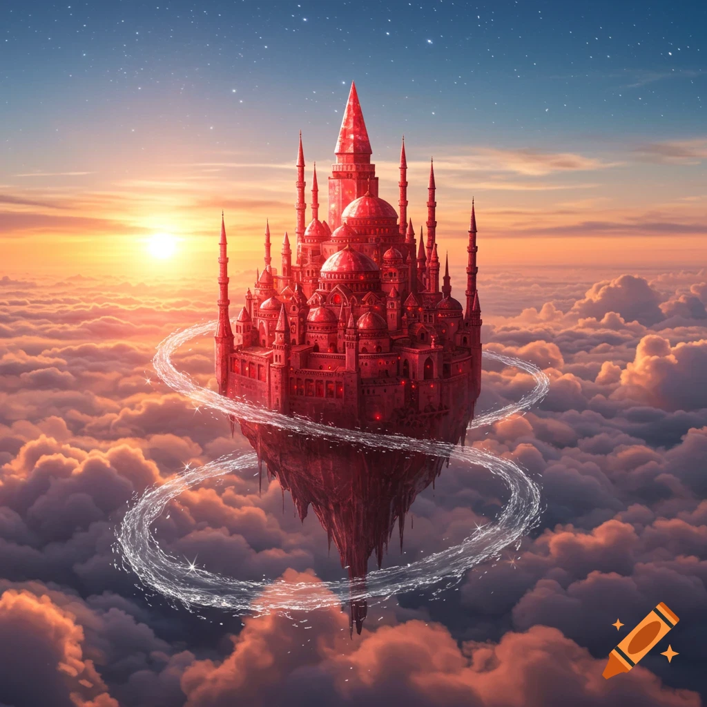 A vibrant red ruby castle with tall minarets floats on an island above clouds at sunset, with a swirling glowing stream.