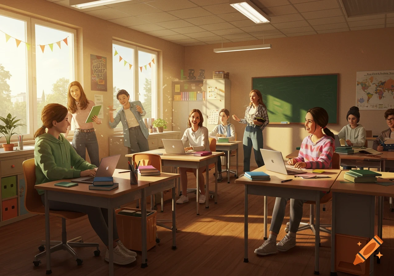 A bright classroom filled with diverse students, some sitting at desks with laptops, others standing, bathed in warm sunlight.