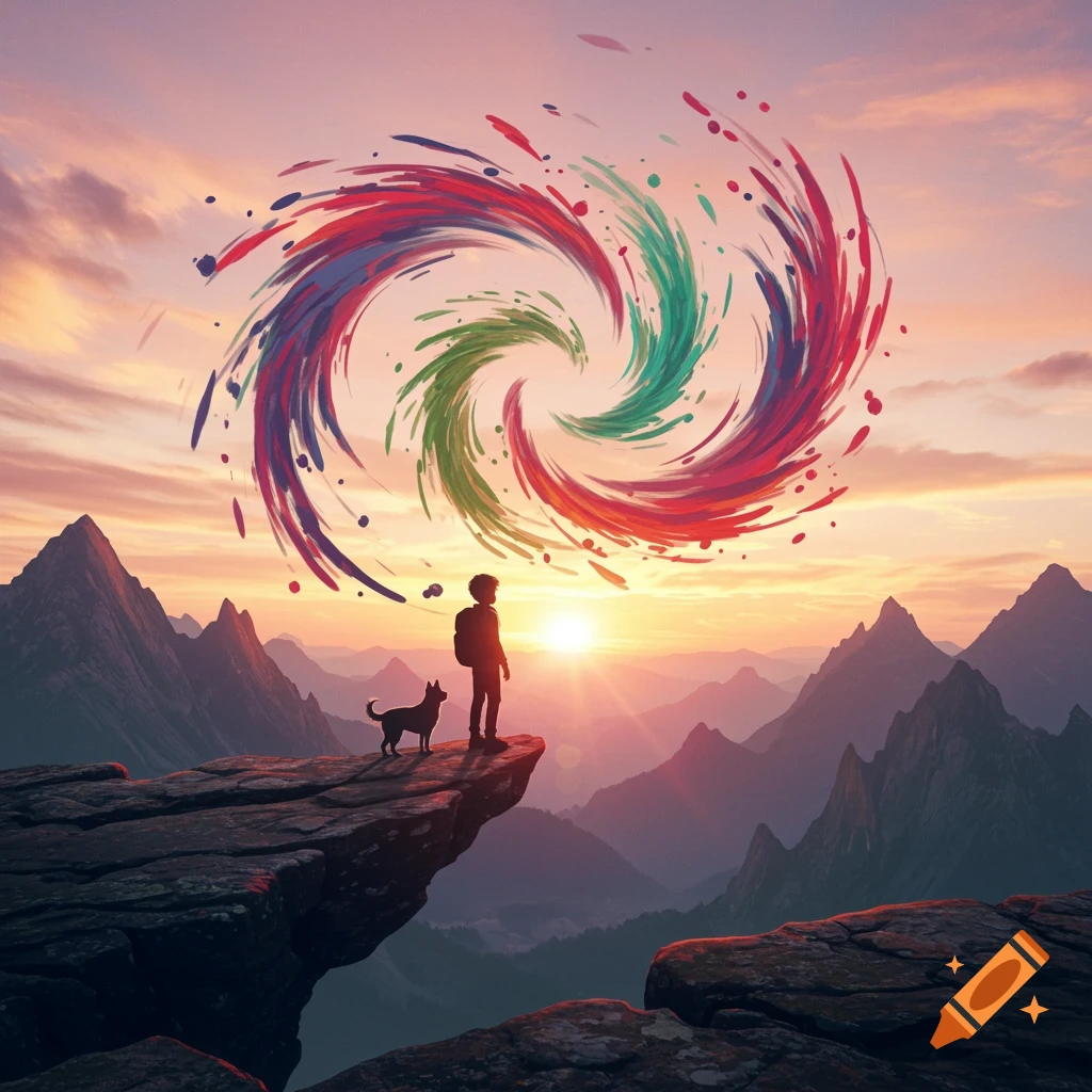 A person and dog stand on a cliff overlooking a mountain sunset with a large, vibrant, swirling abstract shape in the sky.