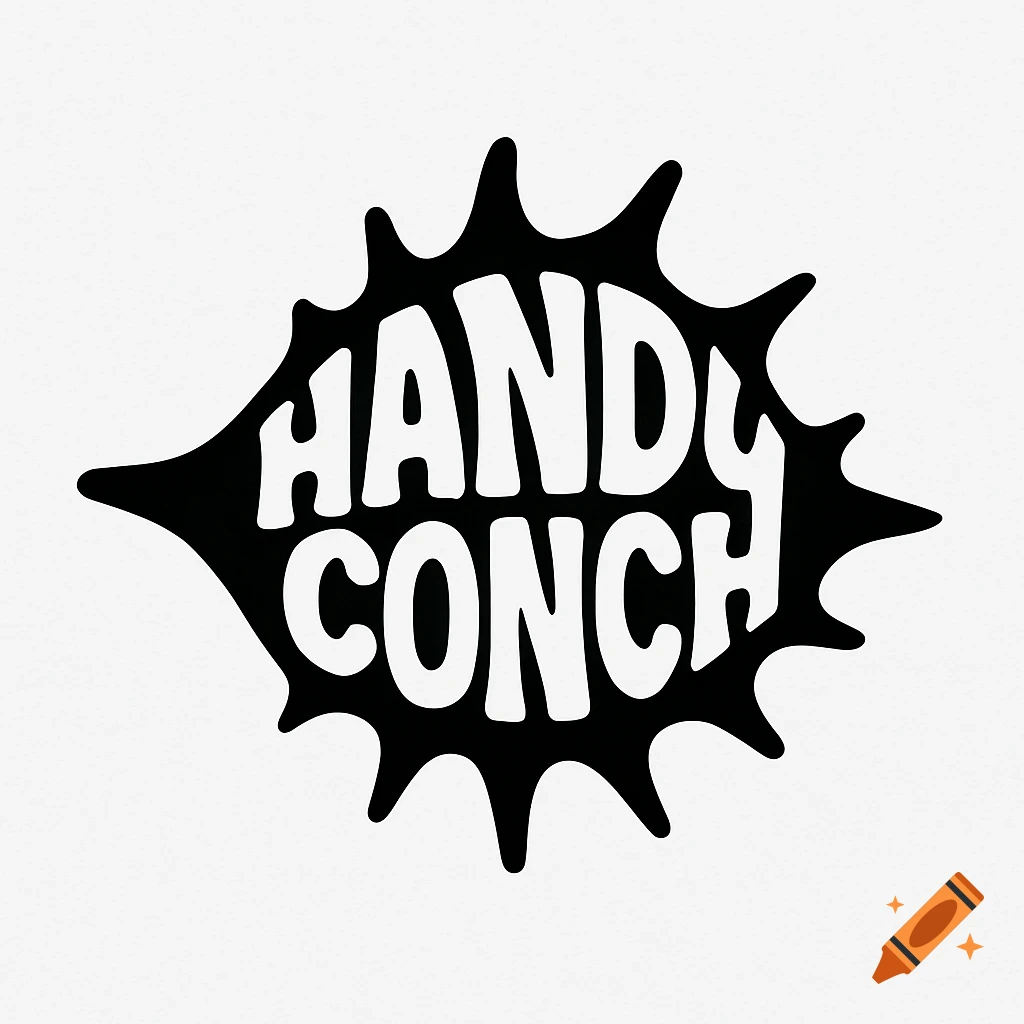 Black and white clip art logo of a conch shell with the words 'HANDY CONCH' in bubble letters.