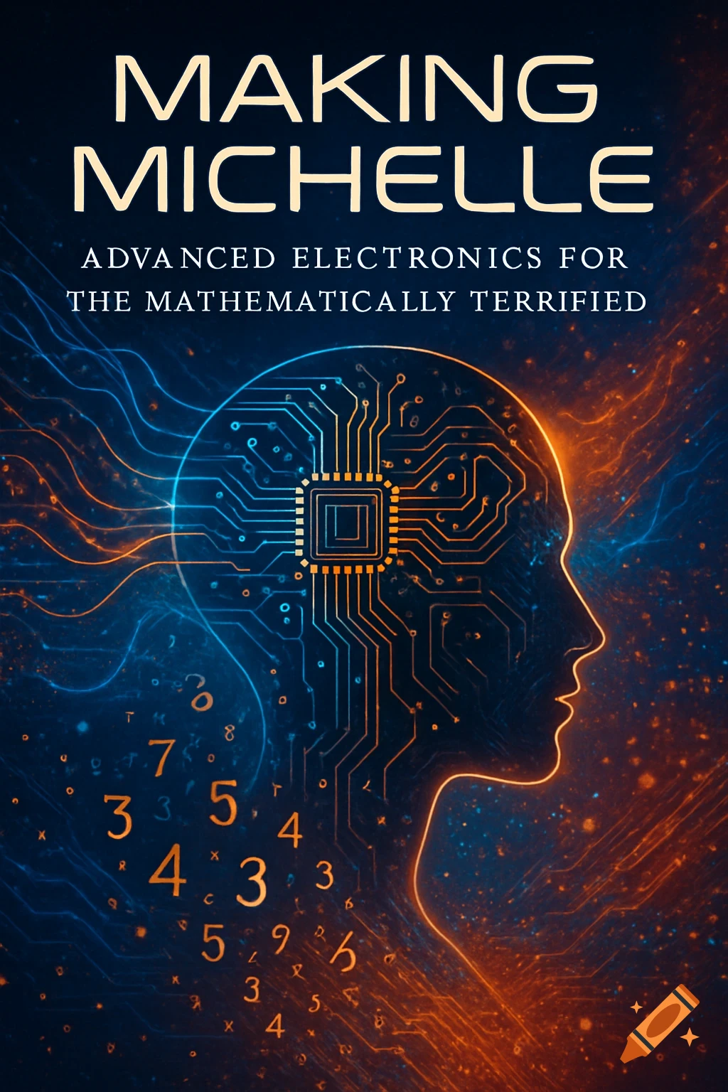 A book cover titled 'Making Michelle' featuring a glowing human head silhouette with circuit board patterns, orange and blue light trails, and scattered numbers on a dark background.