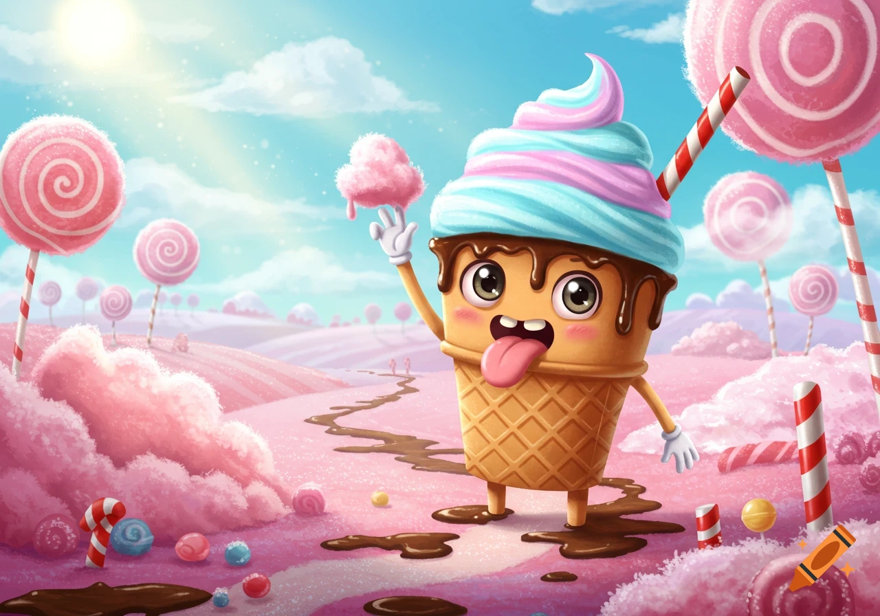 A cute cartoon ice cream cone with a tongue out, holding cotton candy, stands in a vibrant candy land with lollipops and pink hills under a blue sky.
