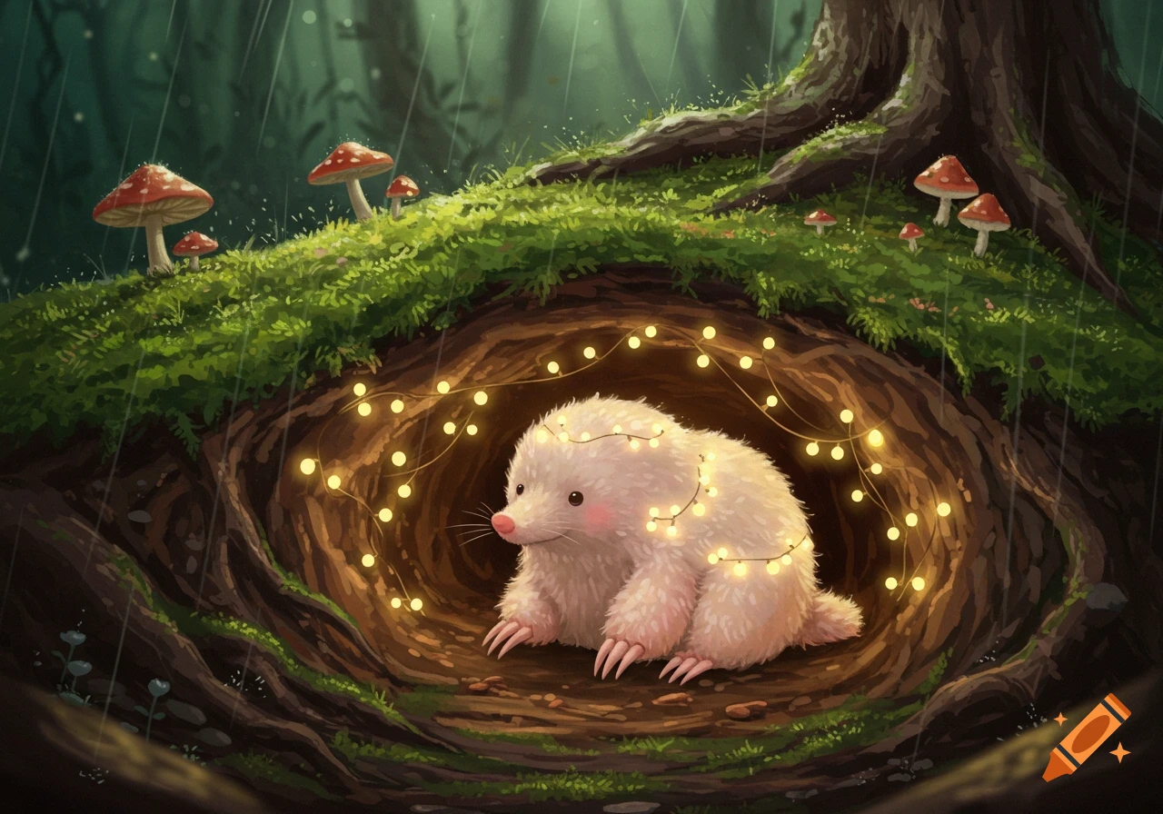 A cute, fluffy white mole sits in a cozy underground burrow lit by string lights, with mushrooms and trees in the rainy forest above.