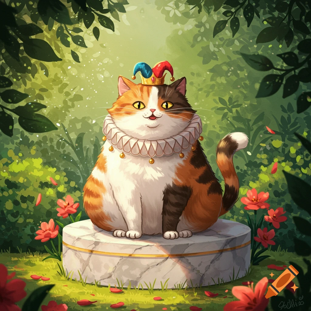 A whimsical calico cat wearing a jester's hat and a ruff, sitting on a marble pedestal in a lush green forest with red flowers.