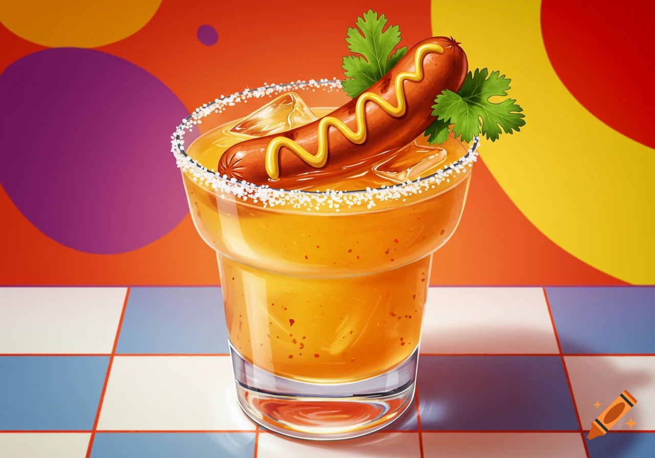 A stylized hotdog with mustard and cilantro sits atop a salted margarita glass filled with a yellowish drink.