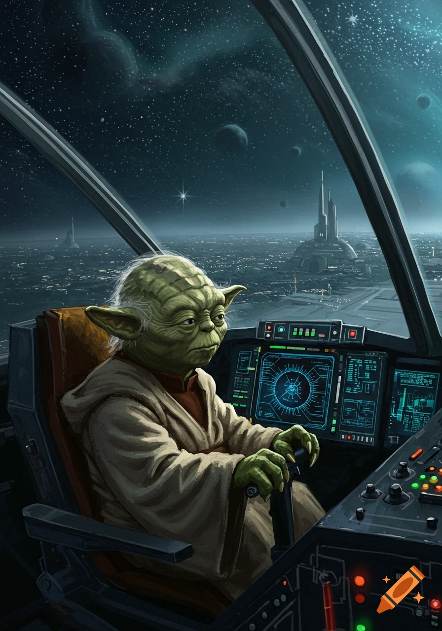 Yoda piloting a spacecraft over a sprawling cityscape, with stars and planets visible in the sky.